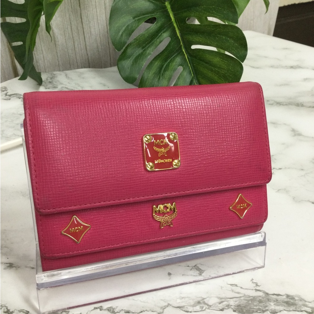 MCM Pink Leather Flap Wallet - Logo Plaque